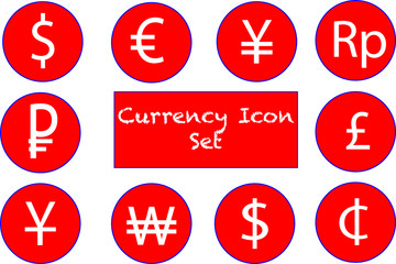 Currency Logo Icon Button set (black and white) of major money in the world including the dollar, yuan, euro, won, pound and more.