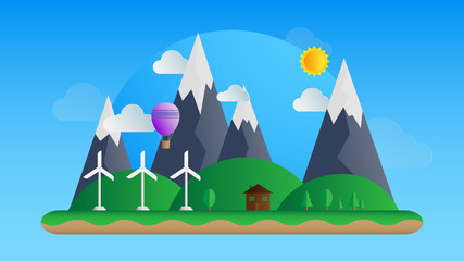 Green energy background with wind turbine , mountains and hot air ballon . 2D flat design landscape . Nature et environment concept . vector image . 