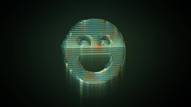 3d rendering glowing hologram of symbol of goofy emoticon  distorted glitch green old tv screen on black background