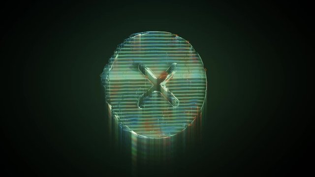 3d rendering glowing hologram of symbol of cancel cross in circle distorted glitch green old tv screen on black background