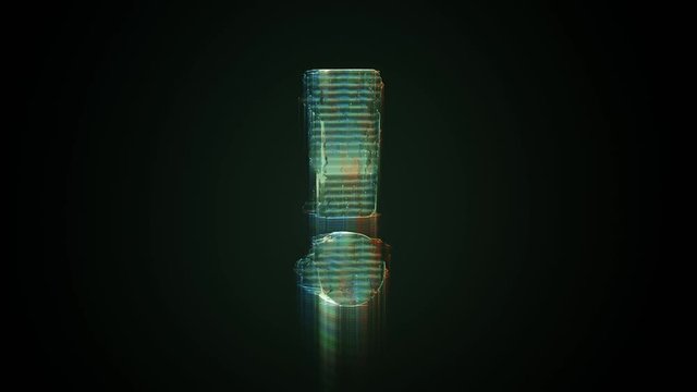3d rendering glowing hologram of symbol of exclamation symbol distorted glitch green old tv screen on black background