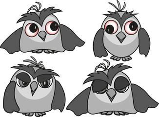 Set of sleepy owls with different emotions, vector drawing