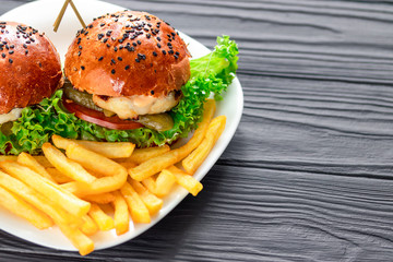 tasty appetizing burgers on a white terrel with french fries on a gray background