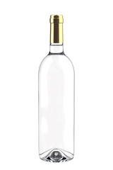 Clear White Glass Bottle of Grappa, Vodka or Wine with Golden Metallic Cap. 3D Render Isolated on White.