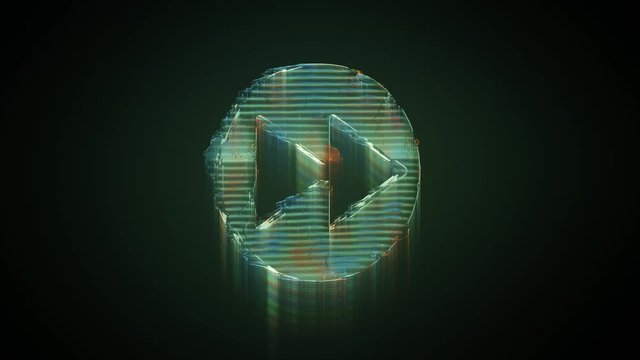 3d rendering glowing hologram of symbol of fast forward in circle distorted glitch green old tv screen on black background