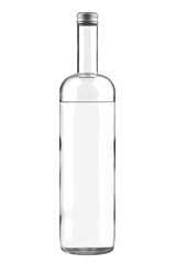 Clear White Glass Bottle of Vodka, Gin, Rum, Tequila, Whiskey, Scotch, Gin, Liquor or Wine with Metallic Cap is Partially Filled. 3D Render Isolated on White.