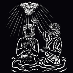 John baptizes Jesus, a dove descending and light, pattern on a black background