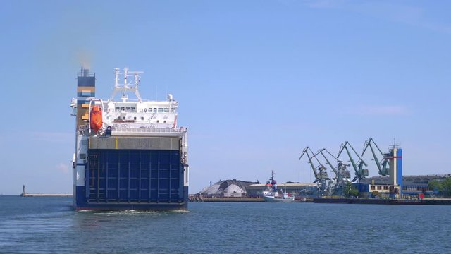 Container Ship departure from harbor in 4K slow motion 60fps
