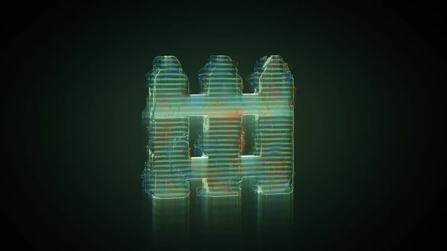 3d rendering glowing hologram of symbol of fence from three panels distorted glitch green old tv screen on black background