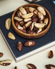 A handful of Brazil nuts in a wooden plate. Food photo of a healthy snack, dessert for vegetarians.