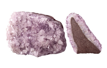 Set Amethyst stones with crystals. Purple color Rocks slice stock photo isolated on white background. Nature decoration pieces mineral