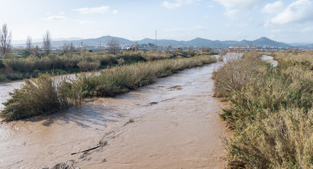 Flooded river, floods in the city, climate change