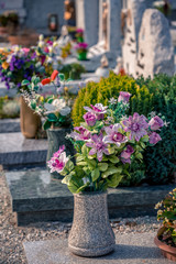 closeup flowers on graveyard