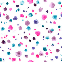 Hand drawn dots and spots watercolor seamless pattern. Colorful speckle dots on a white background.