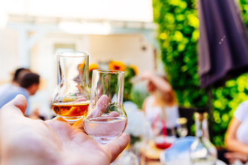 Two grappa glasses with brown and light grappa at a garden party in summer - obrazy, fototapety, plakaty
