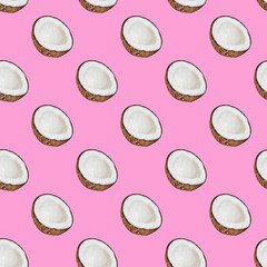 Seamless coconut pattern – halves of coco on pink background. Creative minimal food texture. Tropical fruit and summer concept for design or print