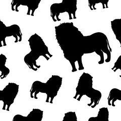 Seamless pattern with Black silhouette of a lion with a beautiful mane and tail on a white isolated vector background.