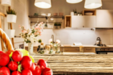 Desk of free space and kitchen interior 