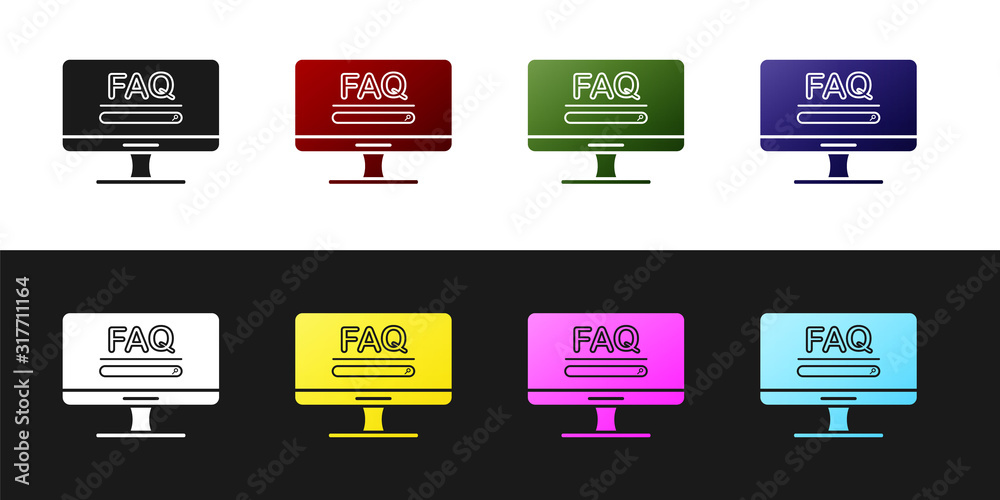Fototapete Set Computer monitor with text FAQ information icon isolated on black and white background. Frequently asked questions. Vector Illustration
