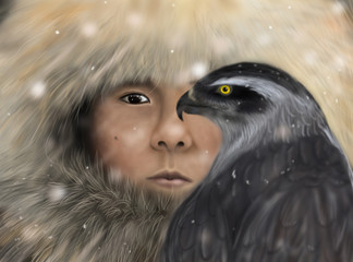 portrait of young mongol in winter