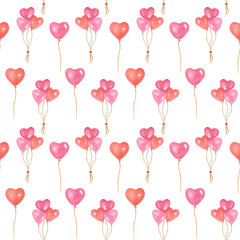 Seamless pattern. Valentine's day watercolor background. Hand drawn heart shaped balloons, cartoon character, isolated objects white background.