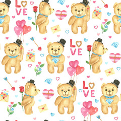 Seamless pattern. Valentine's day watercolor background. Hand drawn Teddy bears, heart shaped balloons, presents and letters, cartoon character, isolated objects white background.