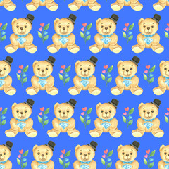 Seamless pattern. Valentine's day watercolor background. Hand drawn Teddy bears with diamonds, flowers with hearts, cartoon character, isolated objects on blue background.