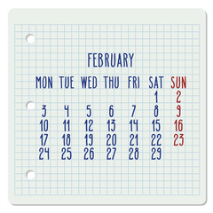 February year 2020 monthly notebook page calendar