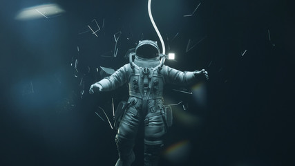Astronaut is falling down in the outer space with broken mirrors. 3D Render.