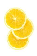 three yellow fresh lemon fruit slice isolated on the white background