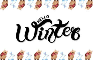 Hello Winter. Hand drawn lettering with watercolor winter illustration. Winter border. Best for Christmas or New Year design