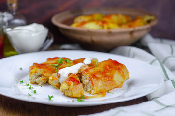 Homemade cabbage rolls with carrots, red tomato sauce and cream on a white plate