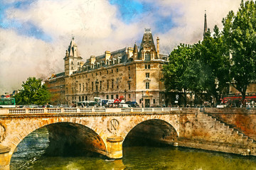 Seine Embankment and Napoleon Bridge, Paris, France - vintage painted style illustration.