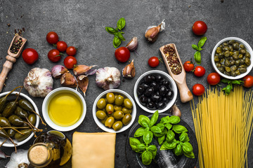 Mediterranean food ingredients or italian diet background