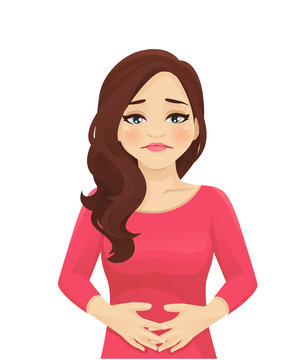 Sad beautiful woman with stomach ache. Isolated vector illustration