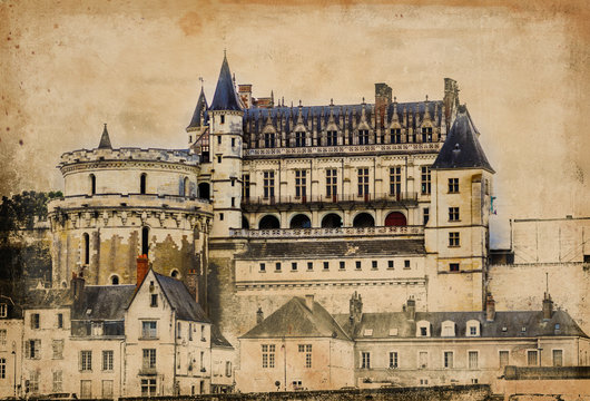 Amboise Castle in Loire Valley, Touraine region, France - vintage painted style illustration series