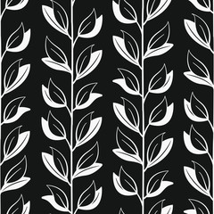 Vector seamless pattern with white vertical abstract branches and leaves on black background; floral design for fabric, wallpaper, textile, web design.