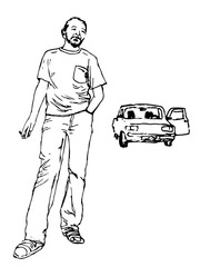 A man is standing with a cigarette and a car. Black and white silhouette