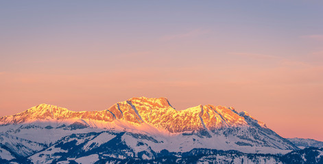 Sunrise on french Alps mountains, Megève, Haute-Savoie, France