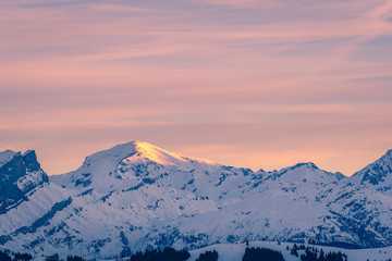 Sunrise on french Alps mountains, Megève, Haute-Savoie, France