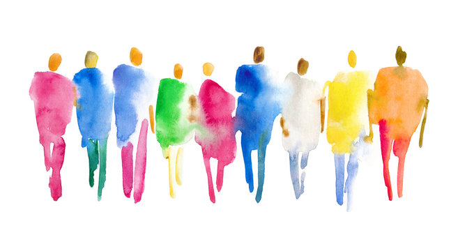 Color spot with watercolors in the form of a group of people. Hand-drawn watercolor illustration: silhouettes of a group of people in full growth.