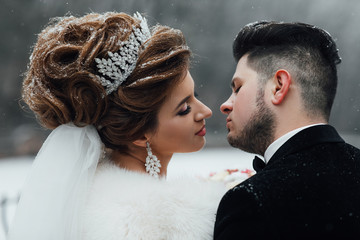 Sensual and tender bride and groom outdoors on wedding day. Bride wearing gorgeous wedding dress with lace and long veil. Wedding couple in winter. Groom and bride together. Winter wedding