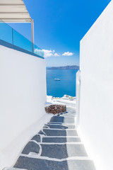  White architecture on Santorini island, Greece. Beautiful summer landscape, sea view. 