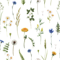 Beautiful vector floral summer seamless pattern with watercolor hand drawn field wild flowers. Stock illustration.