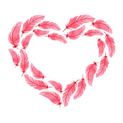 Watercolor illustration in the form of a heart for Valentine's Day. Composition of pink feathers for the holiday of all lovers.