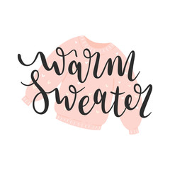 Knitting logotype, warm sweater lettering with hand drawn illustration of knitted woolen pullover. Elegant script calligraphy with flourishing, handwriting for banner, card or sticker or logo.