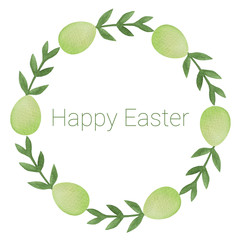 Green round Easter frame, isolated on a white background. Delicate illustration for copy space decoration. Simple spring design: willow leaves and color eggs. Natural beauty