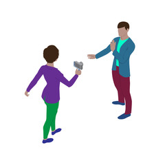 Woman video blogger shoots a man on camera. Isometric view. A man gives an interview to a journalist.