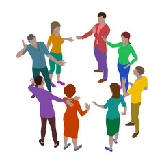 Fototapeta na wymiar Four women and four men talk emotionally while standing in a circle. Group of people in isometric view. Meeting of employees or couples.