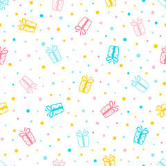 Holiday seamless pattern. Colorful background with ornate gift box and dots. Endless texture for wallpaper, web page, wrapping paper and etc. Retro style.